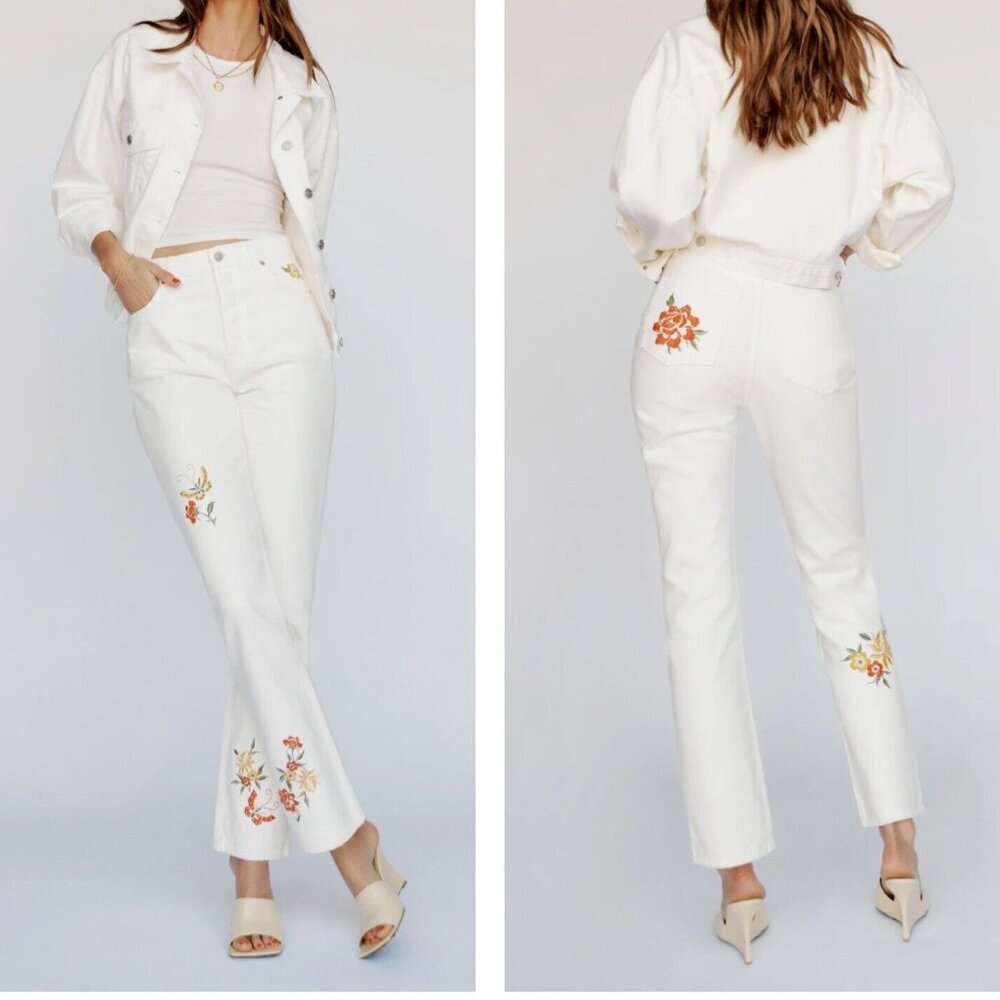 Reformation White Floral Straight Leg Jeans